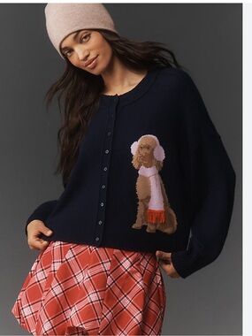 Anthropologie Goldie Navy Crew Cashmere-Blend Cardigan with Poodle